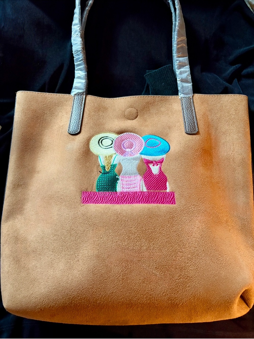 New Suede Tote Bag with Embroidered Ladies Motif